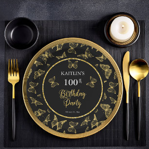Assiettes En Carton Elégante Black Gold Butterflies 100 Anniversaire