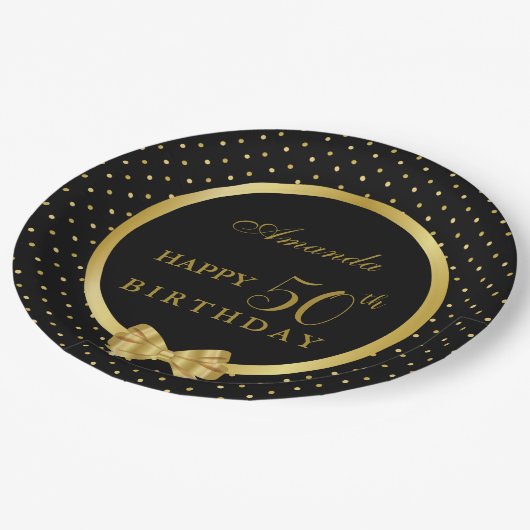 Assiettes En Carton Elégante Black & Gold Surprise fête d'anniversaire (Angle)