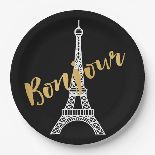 Assiettes En Carton Elégante Bonjour Tour Eiffel (Devant)