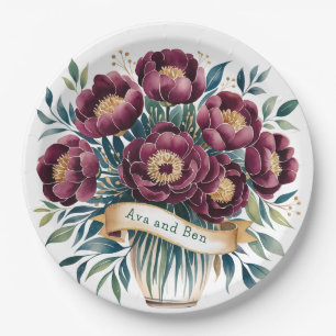 Assiettes En Carton Elégante Bourgogne & pivoine d'émeraude avec accen