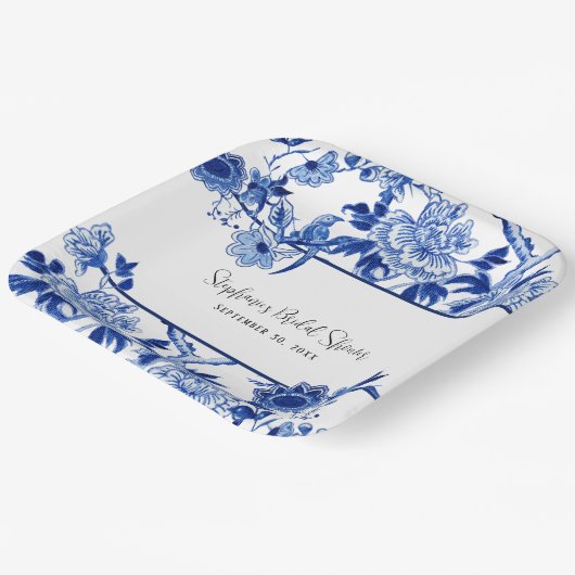 Assiettes En Carton Élégante Chinoiserie Floral Bleu et Blanc Mariage (Angulaire)