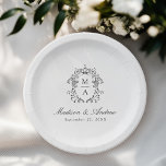 Assiettes En Carton Élégante Chinoiserie noire Monogram Crest Mariage<br><div class="desc">Ajoutez une touche romantique et personnalisée à votre réception de mariage, fête de fiançailles, douche de couple ou dîner de répétition avec Elegant Black Chinoiserie plaques en papier floral victorien. Les élégantes plaques en papier de mariage sont ornées d'une poitrine de chinoiserie noire complexe entourant les initiales monographiques du couple....</div>