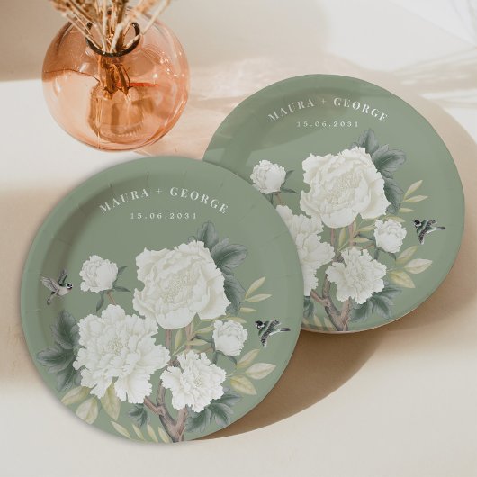 Assiettes En Carton Élégante Chinoiserie Sage Green Floral Bird Mariag