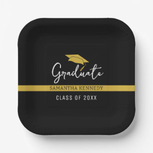 Assiettes En Carton Élégante classe Noir & Or de 2025 Graduation Cap