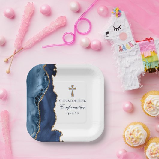 Assiettes En Carton Élégante confirmation Croix Marine Blue Gold Agate (Fête)