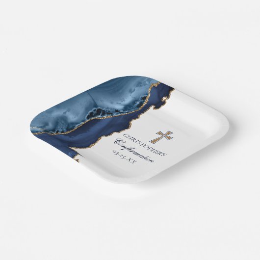 Assiettes En Carton Élégante confirmation Croix Marine Blue Gold Agate (Angulaire)