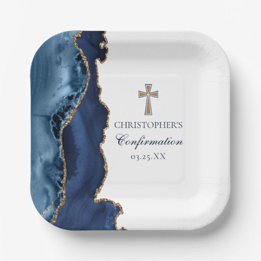 Assiettes En Carton Élégante confirmation Croix Marine Blue Gold Agate (Recto)