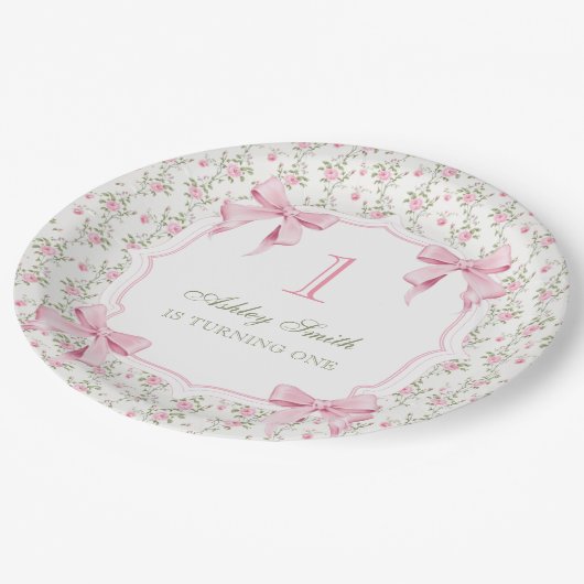 Assiettes En Carton Elégante coquette Bow rose 1er anniversaire (Angle)