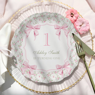 Assiettes En Carton Elégante coquette Bow rose 1er anniversaire