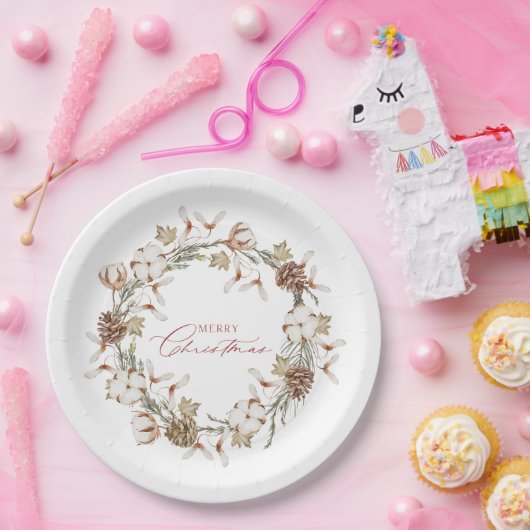 Assiettes En Carton Élégante couronne de Noël en coton et en pin (Fête)