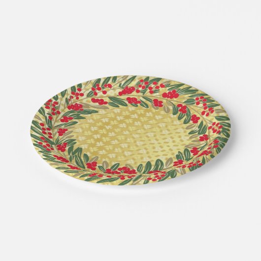 Assiettes En Carton Elégante couronne rouge Holly Berries or de Noël (Angle)