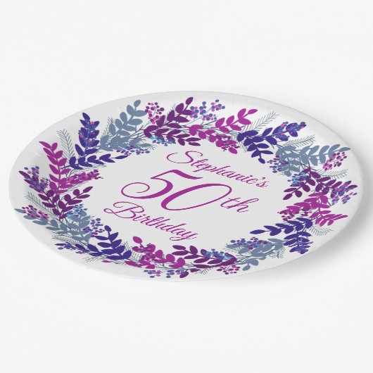 Assiettes En Carton Élégante couronne violette rose 50e anniversaire (Angle)