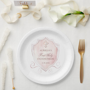 Assiettes En Carton Élégante crête rose d'aquarelle première communion