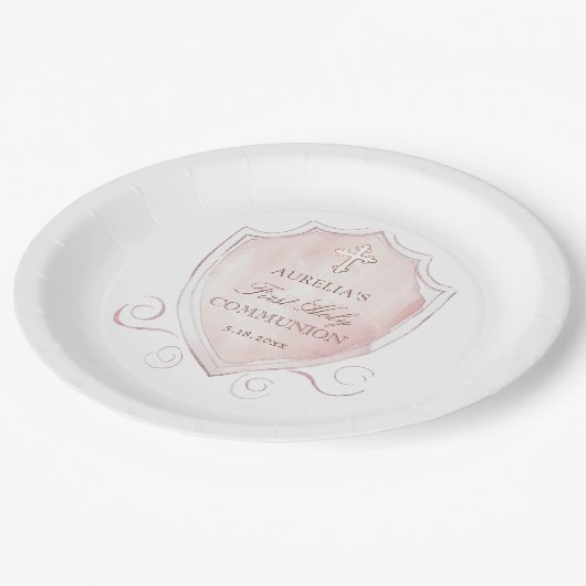 Assiettes En Carton Élégante crête rose d'aquarelle première communion (Angle)