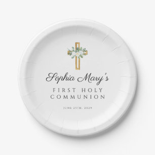 Assiettes En Carton Elégante Croix florale blanche Première communion