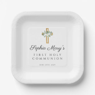 Assiettes En Carton Elégante Croix florale Première communion blanche