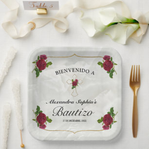 Assiettes En Carton Elegante Cruz Dorada Rosas Rojas Niñas Bautizo