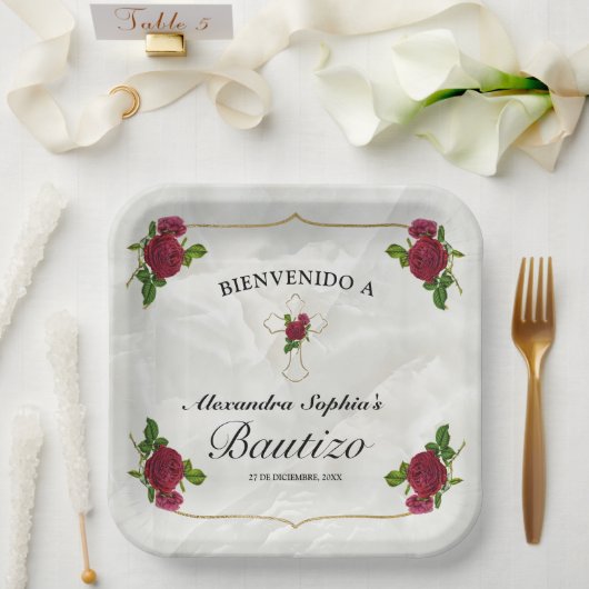 Assiettes En Carton Elegante Cruz Dorada Rosas Rojas Niñas Bautizo (Mariage)