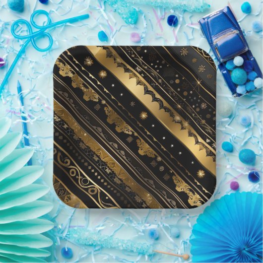 Assiettes En Carton Élégante Diagonale Noir Et Or (Fête)