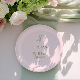 Assiettes En Carton Élégante Douche de Mariée Vert Sauge et Rose Blush