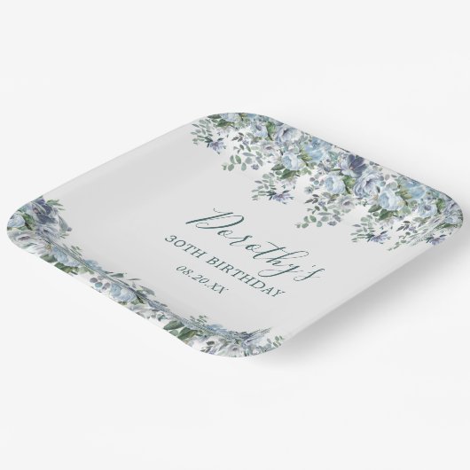Assiettes En Carton Elégante Dusty Blue Floral 30e Anniversaire Person (Angulaire)