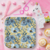 Assiettes En Carton Elégante Dusty Blue Floral & Gold Carré Party (Fête)