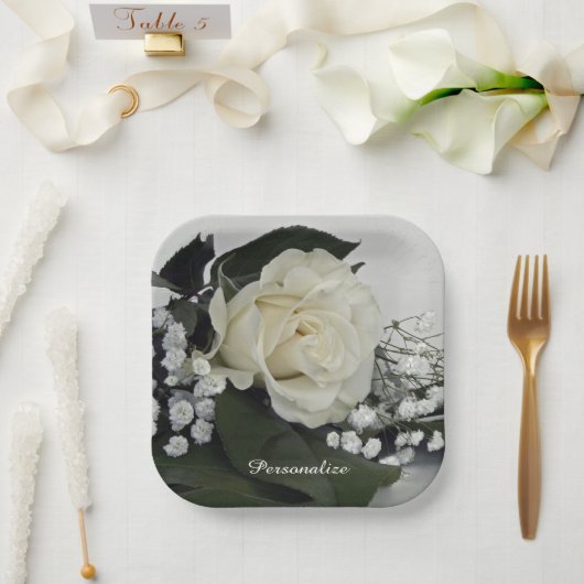 Assiettes En Carton Elégante et romantique Rose blanche Personnaliser (Mariage)
