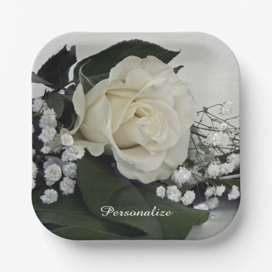 Assiettes En Carton Elégante et romantique Rose blanche Personnaliser (Recto)