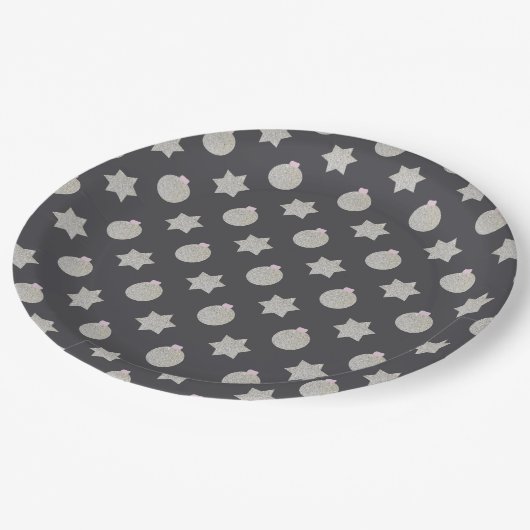 Assiettes En Carton Elégante étoile et Noël Bauble argent et noir (Angle)