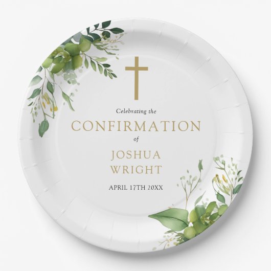 Assiettes En Carton Élégante Eucalyptus vert Confirmation (Devant)