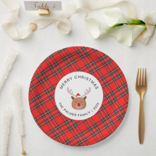 Assiettes En Carton Élégante famille moderne de Noël à carreaux tartan