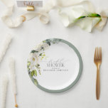 Assiettes En Carton Elégante Fête des mariées couleur vert gris blanc<br><div class="desc">Une plaque unique en son genre en papier de douche nuptiale, ce design branché présente un bouquet floral de feuilles botaniques gris-vert luxuriant et d'eucalyptus, bordé d'un vert gris-bleu pâle d'eucalyptus. Personnalisez vos détails de douche nuptiale en noir doux, accentué par une belle calligraphie moderne lettrée à la main. Une...</div>