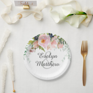 Assiettes En Carton Elégante Fête des mariées de bouquet rose pâle
