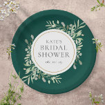 Assiettes En Carton Elégante Fête des mariées de verdure émeraude<br><div class="desc">Dotés de feuilles délicats et verdoyants d'aquarelle sur un arrière - plan vert émeraude,  ces élégantes plaques de papier de douche botanique peuvent être personnalisées avec vos informations spéciales sur la douche nuptiale. Conçu par Thisisnotme©</div>