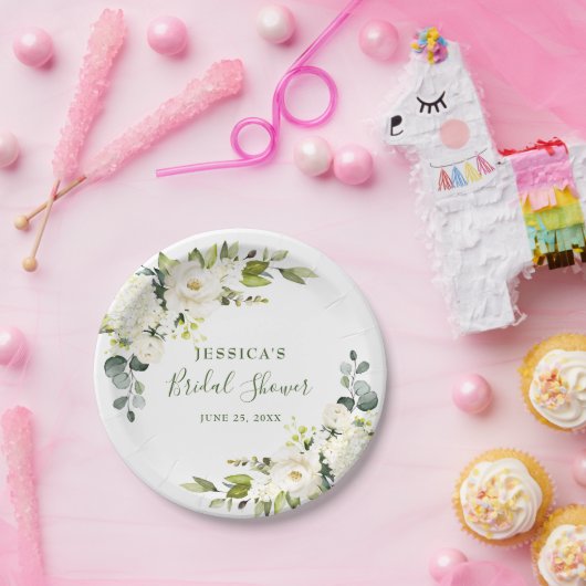 Assiettes En Carton Elégante Fête des mariées Eucalyptus White Roses (Fête)