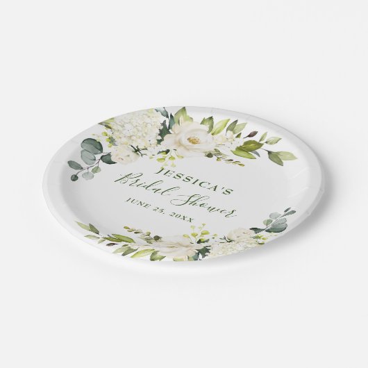 Assiettes En Carton Elégante Fête des mariées Eucalyptus White Roses (Angle)