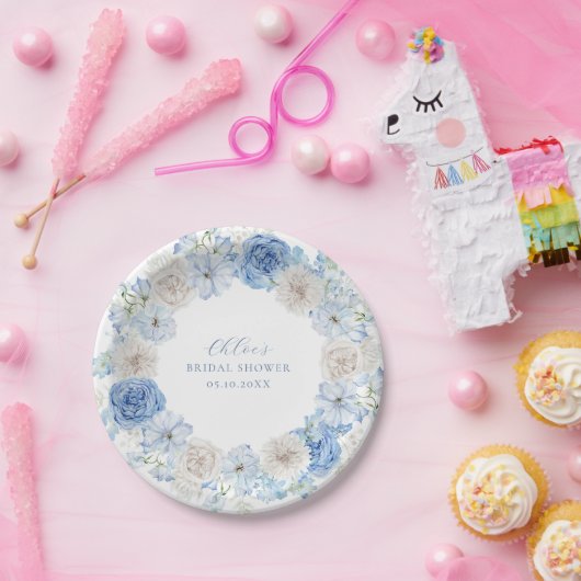 Assiettes En Carton Elégante Fête des mariées Florale Bleue (Fête)