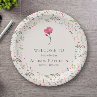 Assiettes En Carton Elégante Fête des mariées rose et verte florale