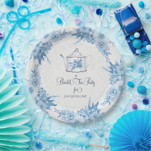 Assiettes En Carton Elégante Fête des mariées Tea Party Dusty Blue Flo (Fête)
