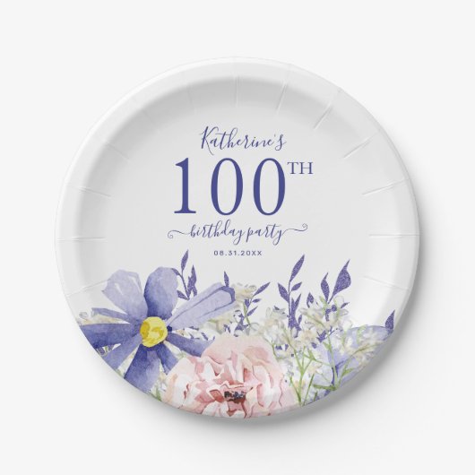 Assiettes En Carton Élégante fête du 100e anniversaire rose violet (Devant)