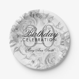 Assiettes En Carton Élégante fête du 30e anniversaire Floral Argent bl