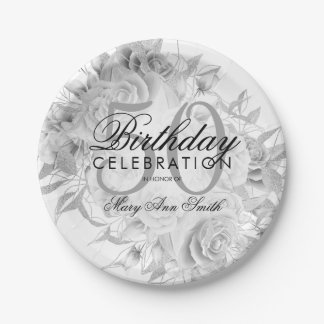 Assiettes En Carton Élégante fête du 50e anniversaire Floral Argent bl
