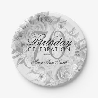 Assiettes En Carton Élégante fête du 70e anniversaire Floral Argent bl