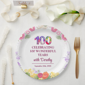 Assiettes En Carton Elégante Fête Florale 100e Anniversaire / 100 Ans
