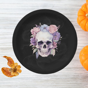 Assiettes En Carton Élégante Fête Florale & Crâne Gothique Halloween 