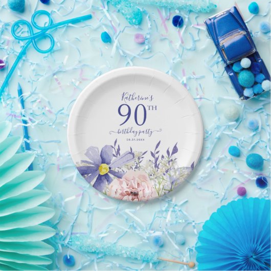 Assiettes En Carton Élégante fête florale rose pourpre 90e anniversair (Fête)