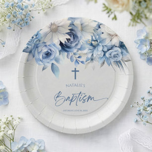 Assiettes En Carton Élégante Fleurie Baptême Bleu Poussiéreux