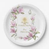 Assiettes En Carton Elégante Fleurs Magnolia Or Première Communion Sai (Devant)
