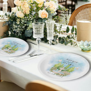 Assiettes En Carton Elégante Fontaine fleurs colombes Mariage Luxe