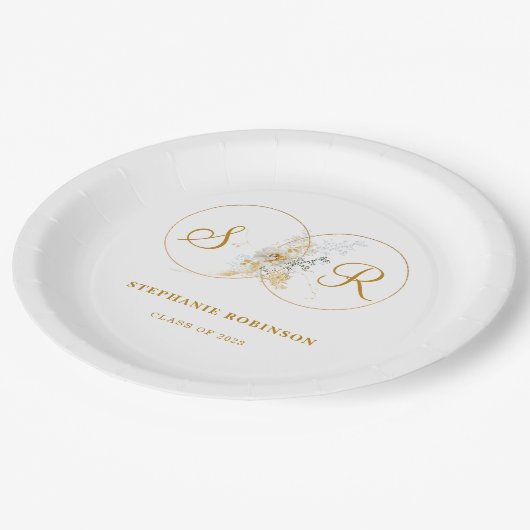 Assiettes En Carton Élégante Gold Floral Monogramme Partie de Graduati (Angle)